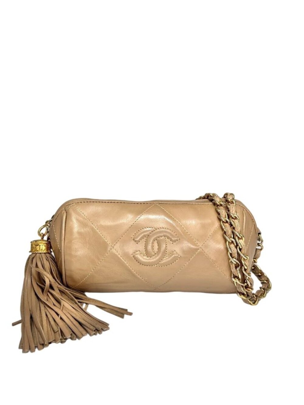 Chanel Super Fringe Quilted Lamb Shoulder Bag Beige